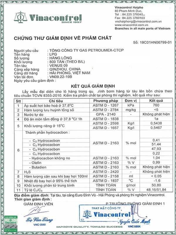 Chứng nhận chất lượng gas Petrolimex